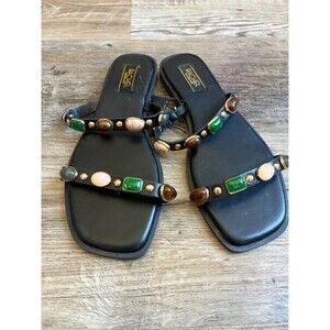 NWT Rachel Roy Bali Black Gem Embellished Flat Slide Sandals Size 7